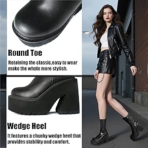 AMINUGAL Womens Wedge Heel Ankle Boots Platform Zipper Punk